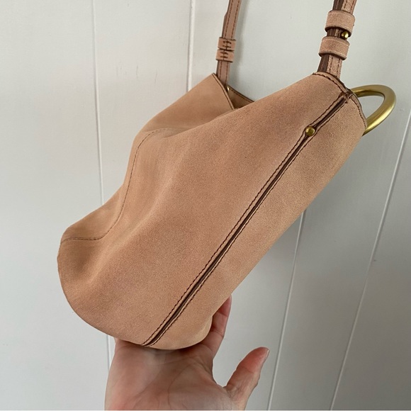 J Crew Blush Pink Suede Bracelet Bucket Crossbody Gold Italian Leather Frankie - Picture 5 of 16